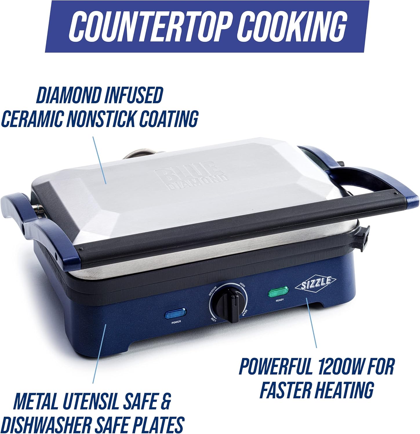 Blue Diamond Ceramic Nonstick Electric Sizzle Griddle with Removable Plates and Adjustable Temperature Control