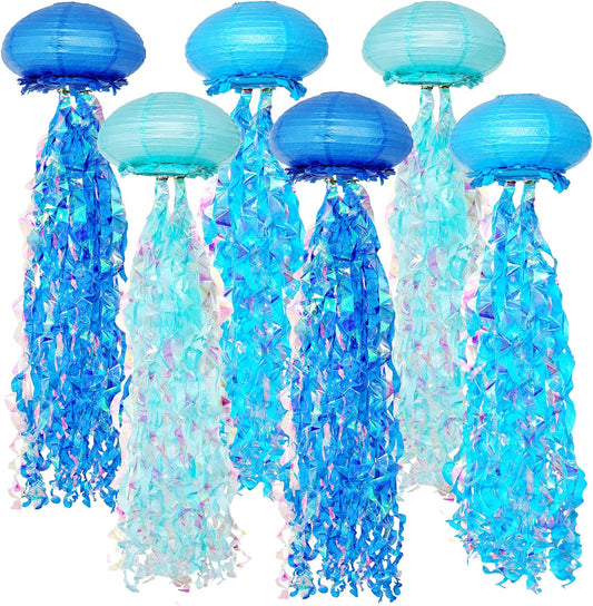Blue Gradient Hanging Jellyfish Lanterns 6 Pack - Ocean-Themed Decor for Mermaid Birthday Party, Classroom, VBS, Baby Shower, Beach Theme