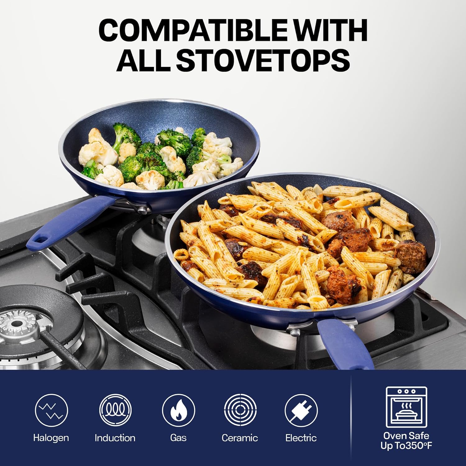 Blue Granitestone 3 Piece Non-Stick Frying Pans Set - 8/10/12 Inch Skillets for Cooking - Induction Cookware, Dishwasher/Oven Safe