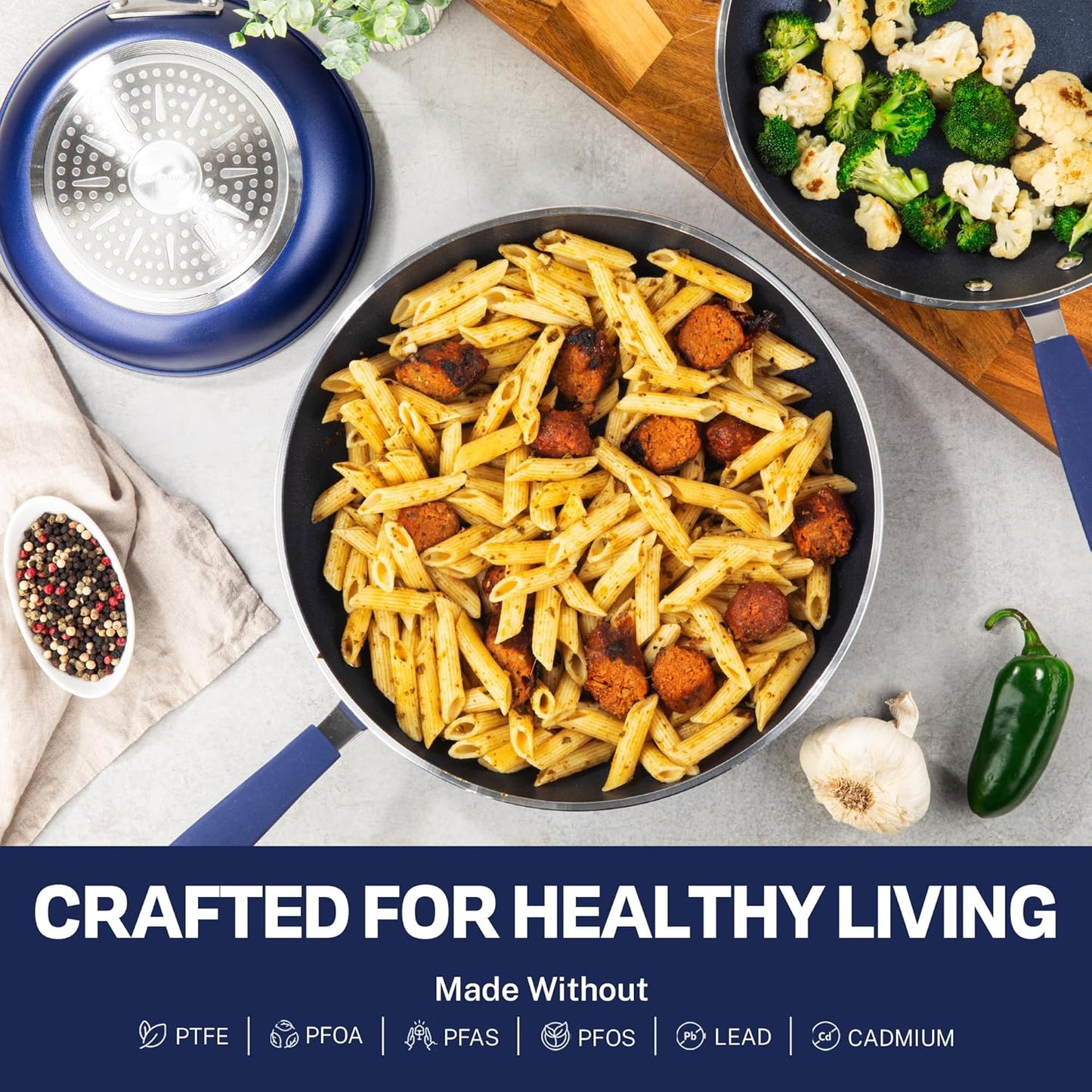 Blue Granitestone 3 Piece Non-Stick Frying Pans Set - 8/10/12 Inch Skillets for Cooking - Induction Cookware, Dishwasher/Oven Safe