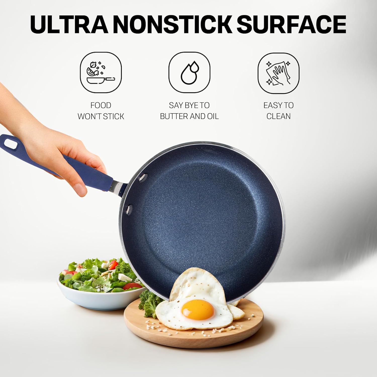 Blue Granitestone 3 Piece Non-Stick Frying Pans Set - 8/10/12 Inch Skillets for Cooking - Induction Cookware, Dishwasher/Oven Safe