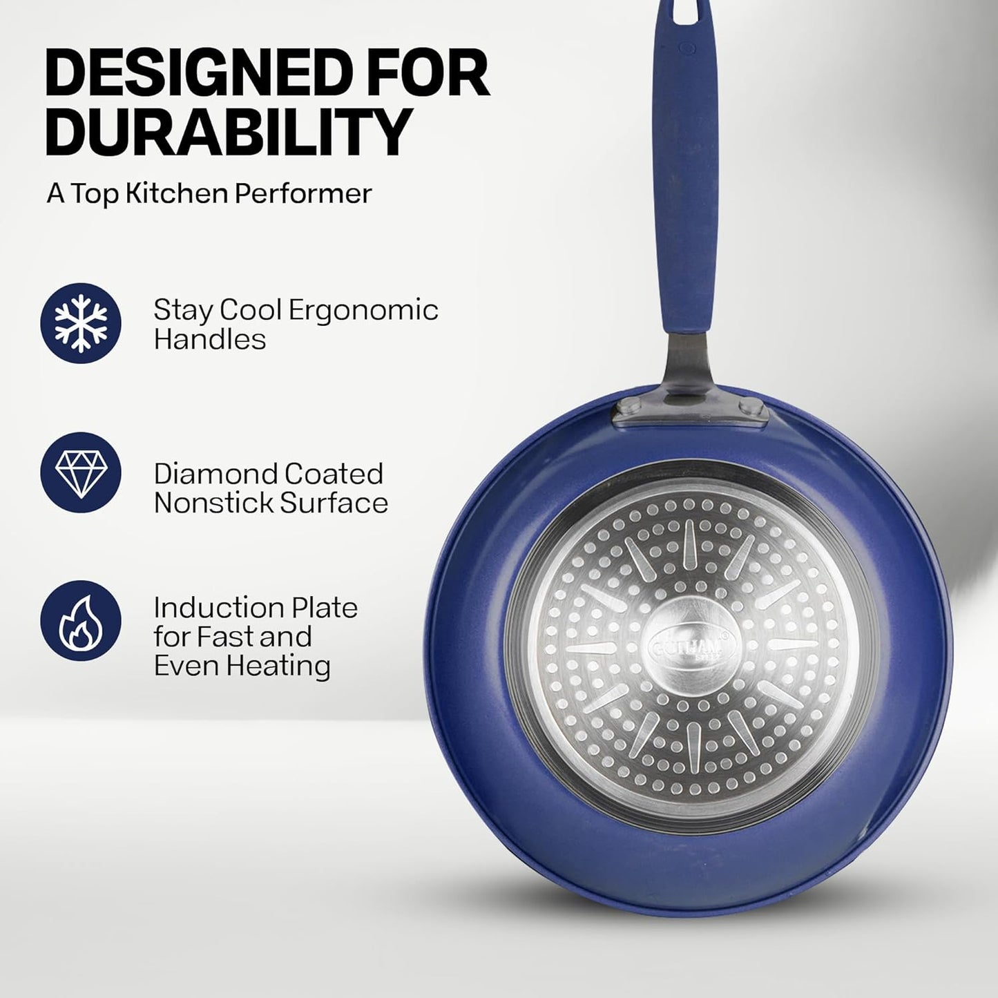 Blue Granitestone 3 Piece Non-Stick Frying Pans Set - 8/10/12 Inch Skillets for Cooking - Induction Cookware, Dishwasher/Oven Safe