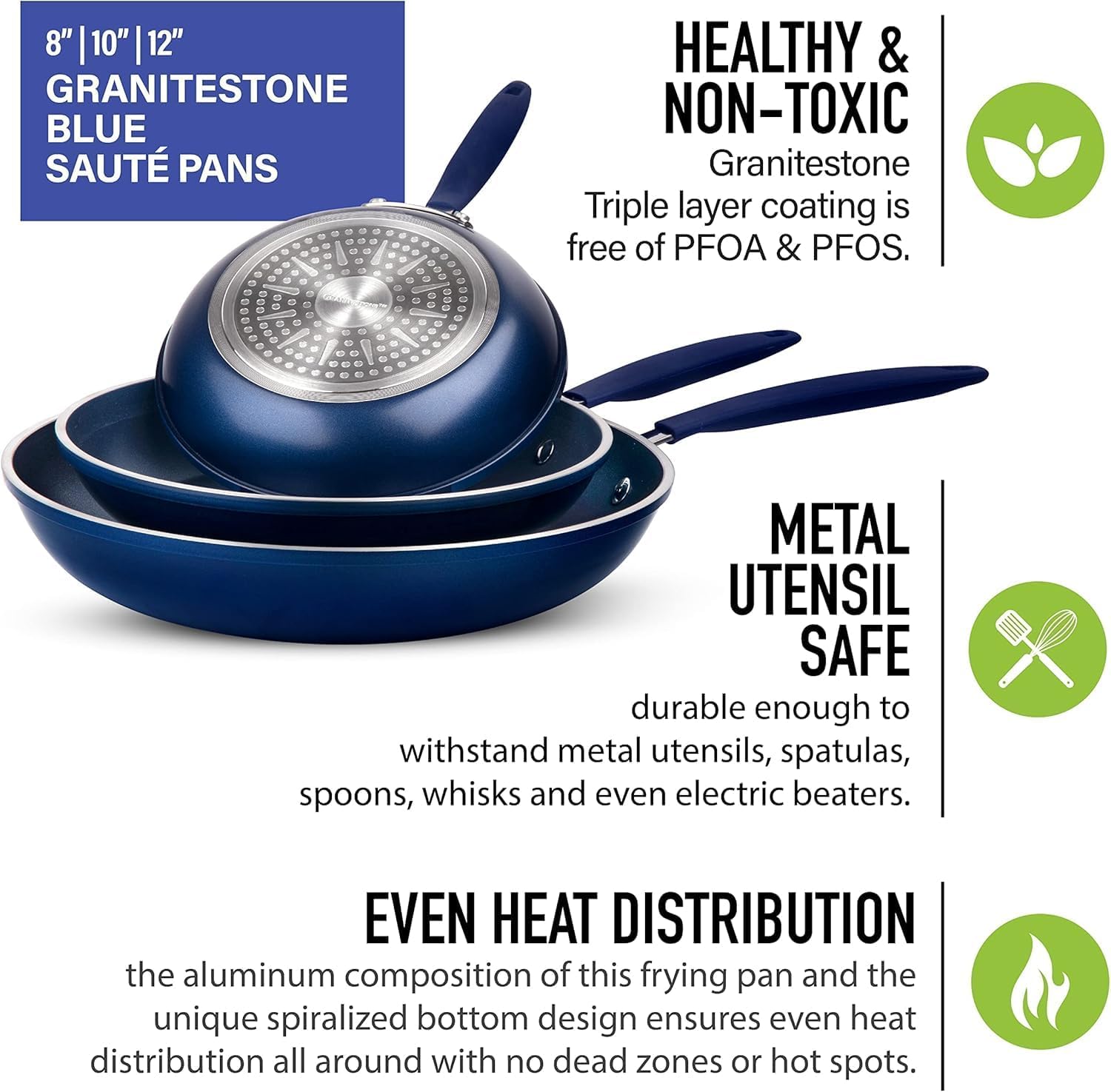 Blue Granitestone 3 Piece Non-Stick Frying Pans Set - 8/10/12 Inch Skillets for Cooking - Induction Cookware, Dishwasher/Oven Safe