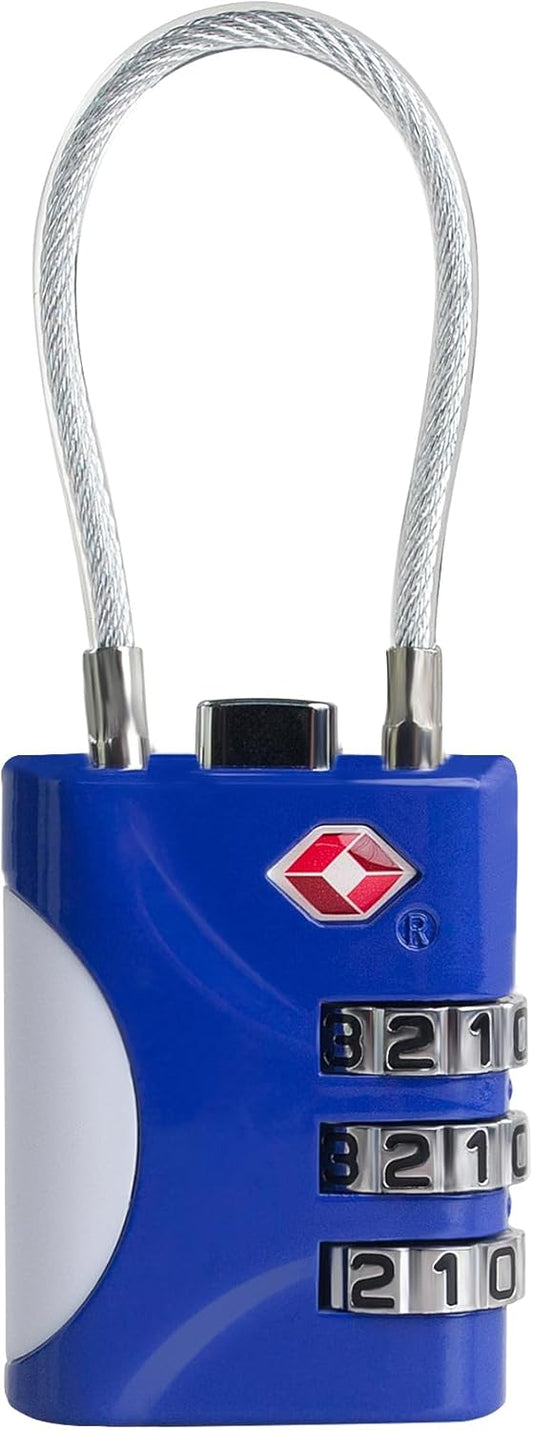 Blue TSA Approved Small Combo Lock for Luggage, Travel Padlock with Cable - TSA 007 Lock for Suitcase, Gym, Cabinet - Secure Zipper Locks for Travel - WildKart