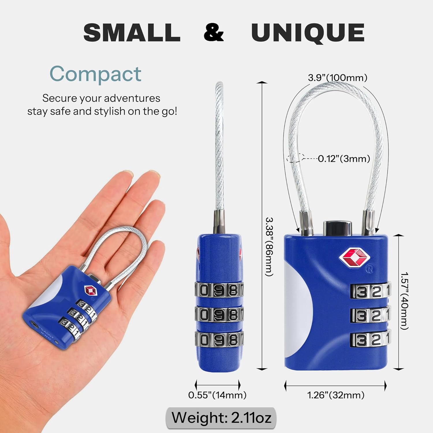 Blue TSA Approved Small Combo Lock for Luggage, Travel Padlock with Cable - TSA 007 Lock for Suitcase, Gym, Cabinet - Secure Zipper Locks for Travel - WildKart