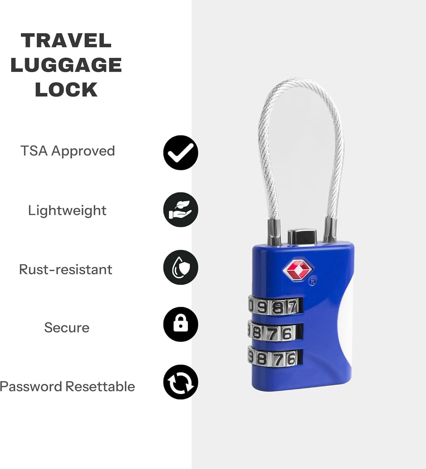 Blue TSA Approved Small Combo Lock for Luggage, Travel Padlock with Cable - TSA 007 Lock for Suitcase, Gym, Cabinet - Secure Zipper Locks for Travel - WildKart