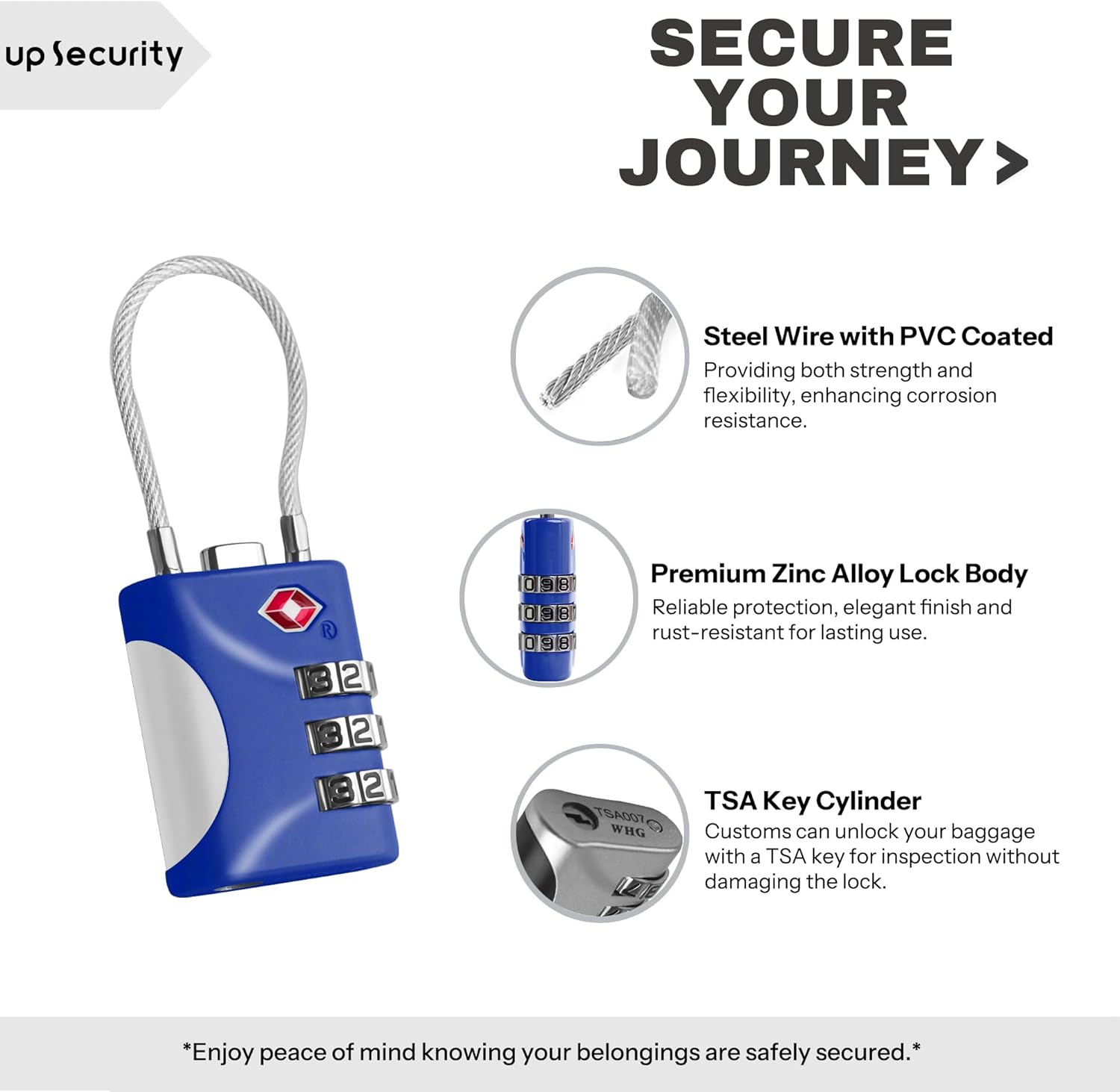 Blue TSA Approved Small Combo Lock for Luggage, Travel Padlock with Cable - TSA 007 Lock for Suitcase, Gym, Cabinet - Secure Zipper Locks for Travel - WildKart