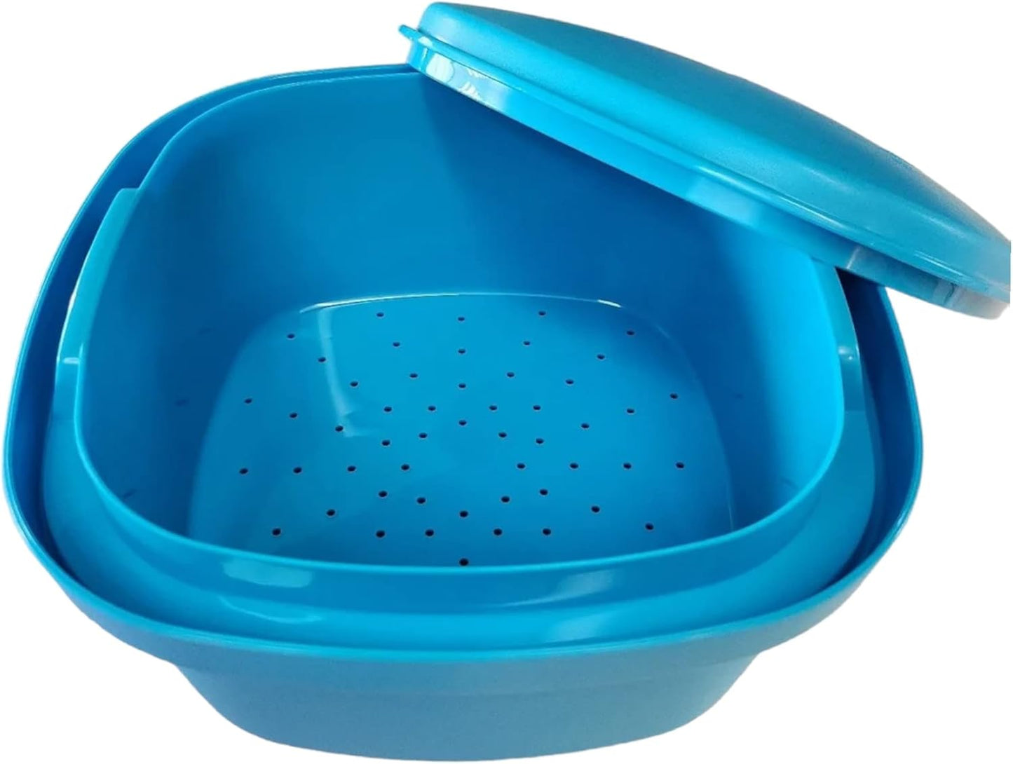 Blue Tupperware Multi Server: 3-Piece Microwave Steamer and Veggie Cooker, 3 Qt.