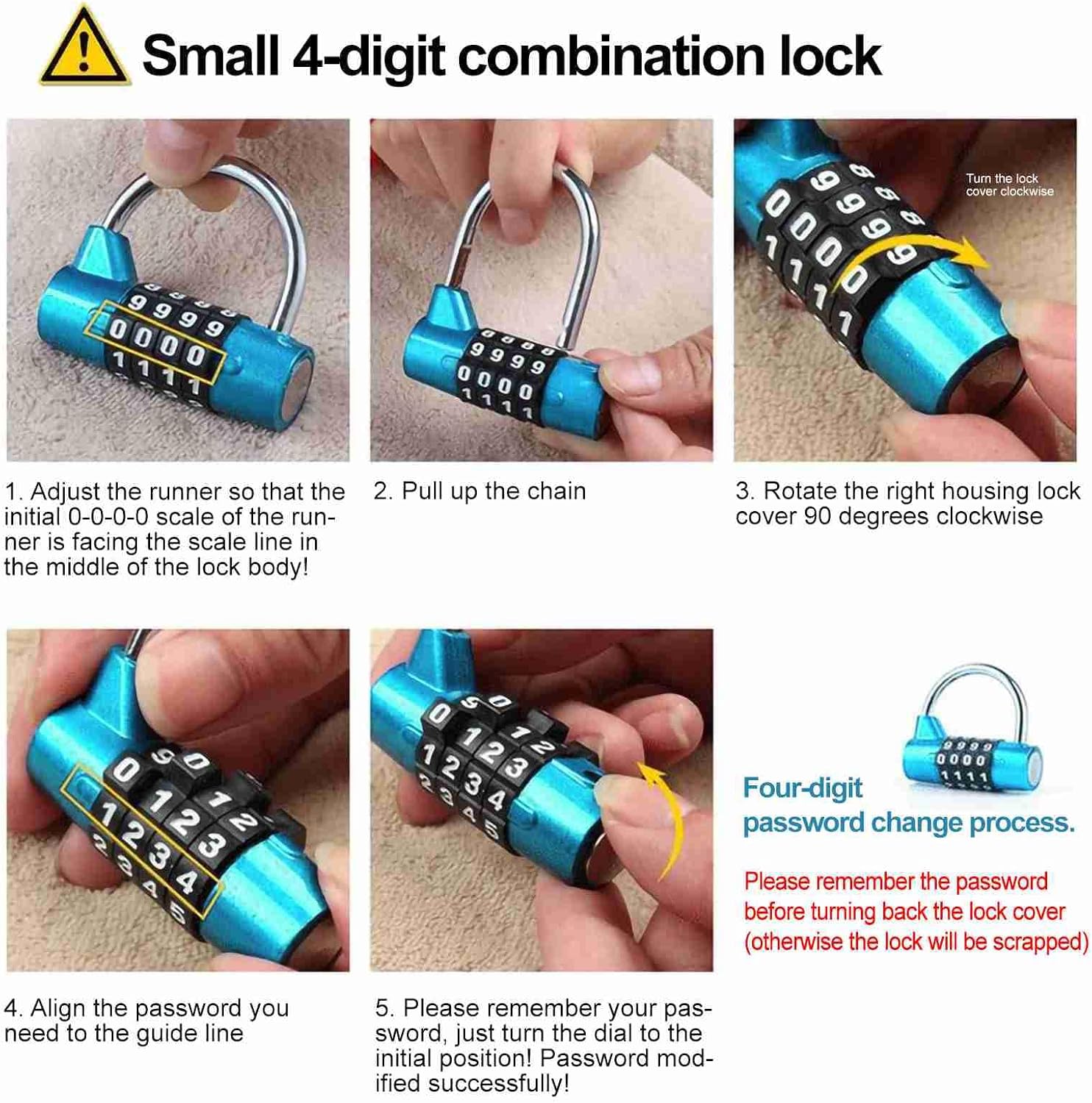 Blue WGFOIP 4 Digit Combination Lock with Big Numbers - Travel Luggage Padlock for Suitcase, Bags - Secure Code Lock