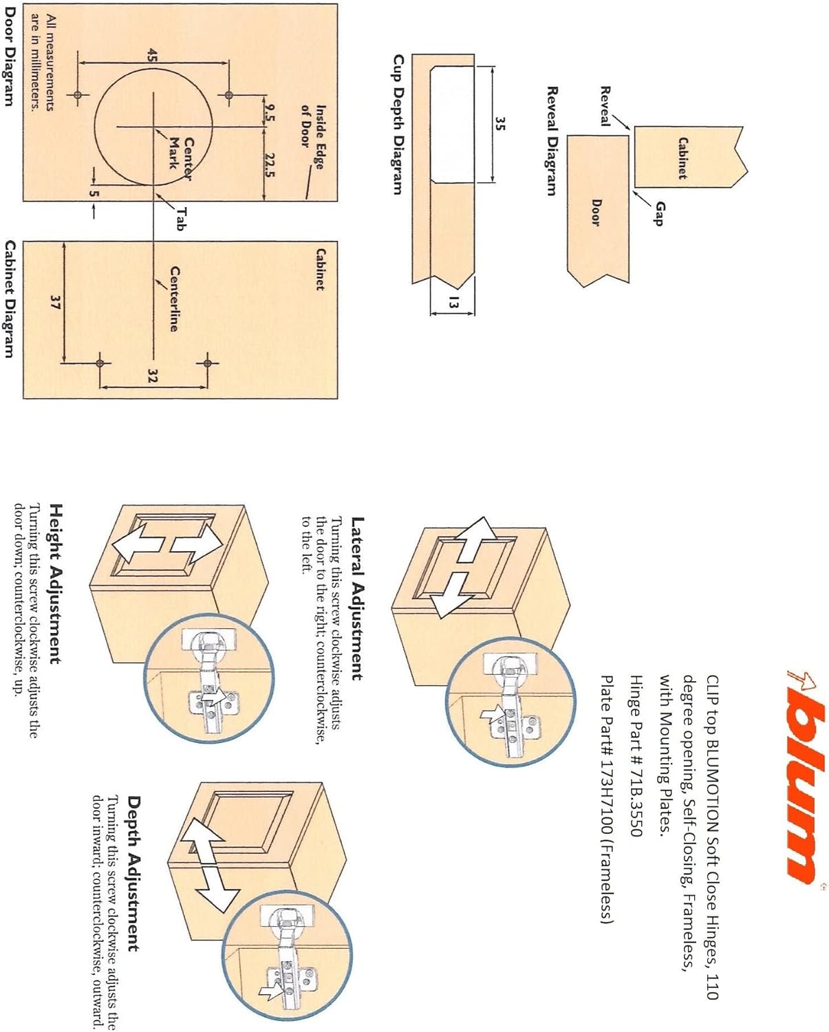 Blum CLIP top BLUMOTION Soft-Close Hinges, 110°, Self-Closing, Face Frame, Inset Mounting Plates - 4 Pack