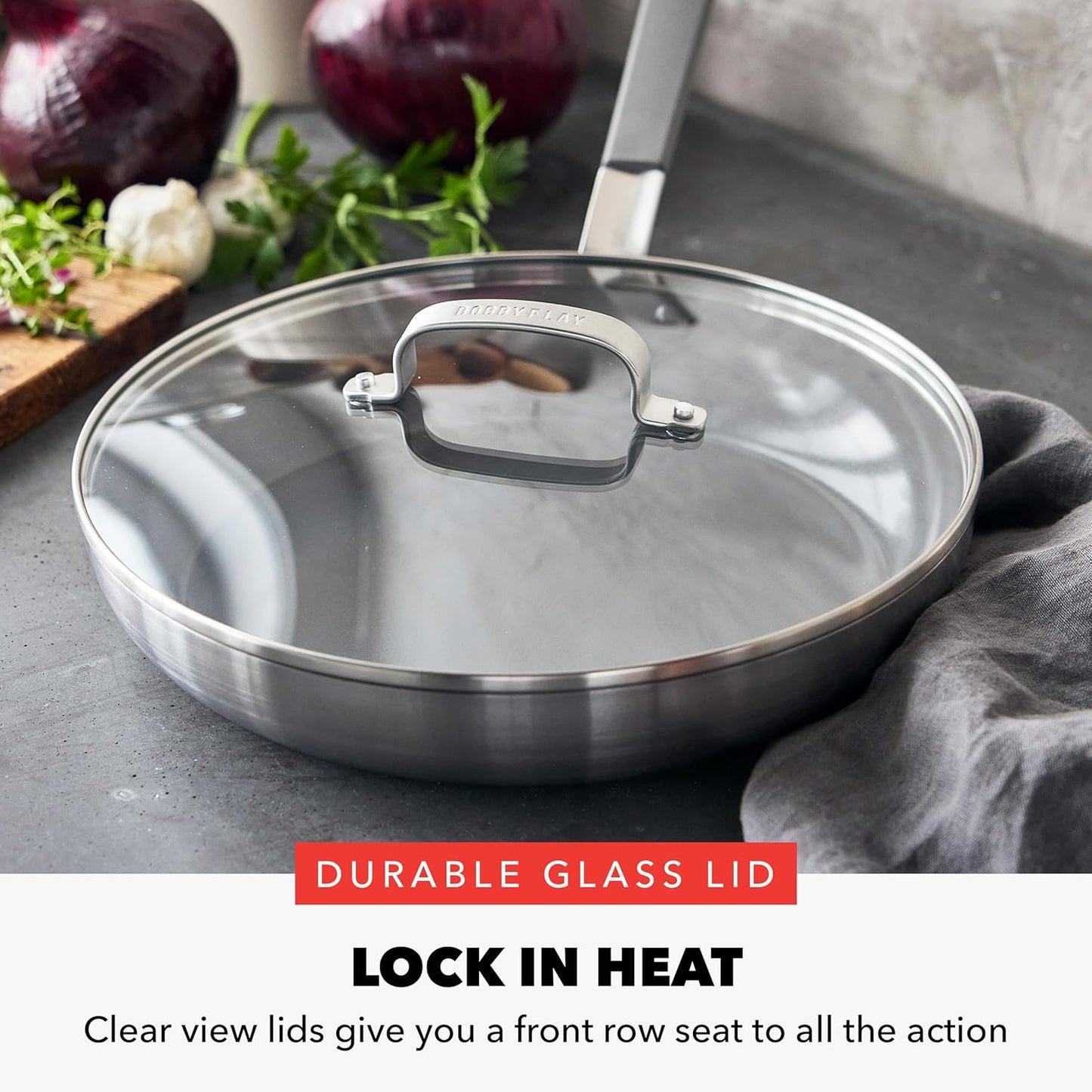 Bobby Flay GreenPan 12” Frying Pan Skillet with Glass Lid - Stainless Steel, Nonstick, Induction Safe