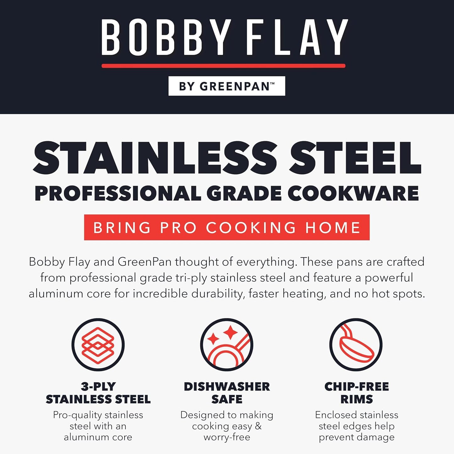 Bobby Flay GreenPan 12” Frying Pan Skillet with Glass Lid - Stainless Steel, Nonstick, Induction Safe