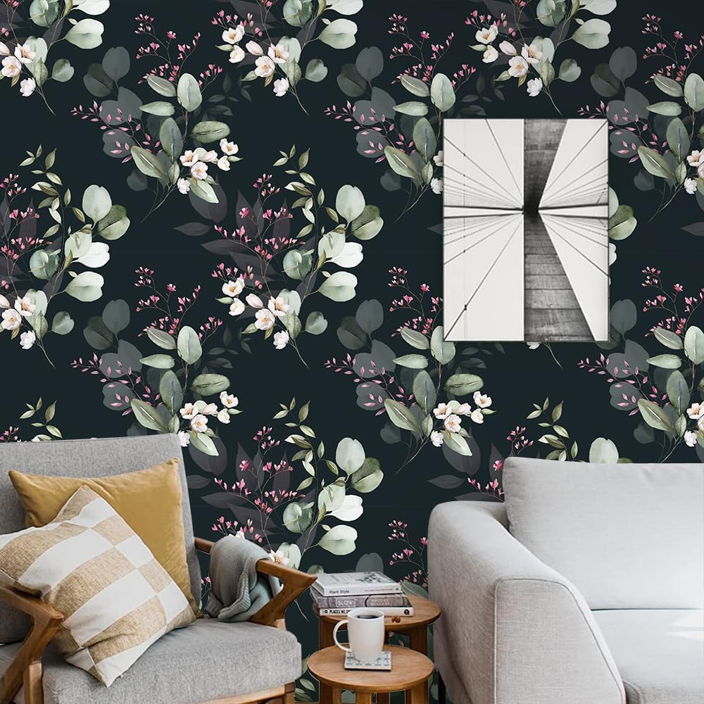 Bohemian Eucalyptus Peel and Stick Wallpaper - Removable Floral Contact Paper for Bedroom and Living Room - Waterproof DIY Decorative Vinyl Adhesive Wallpaper - 17.71" X 236.2