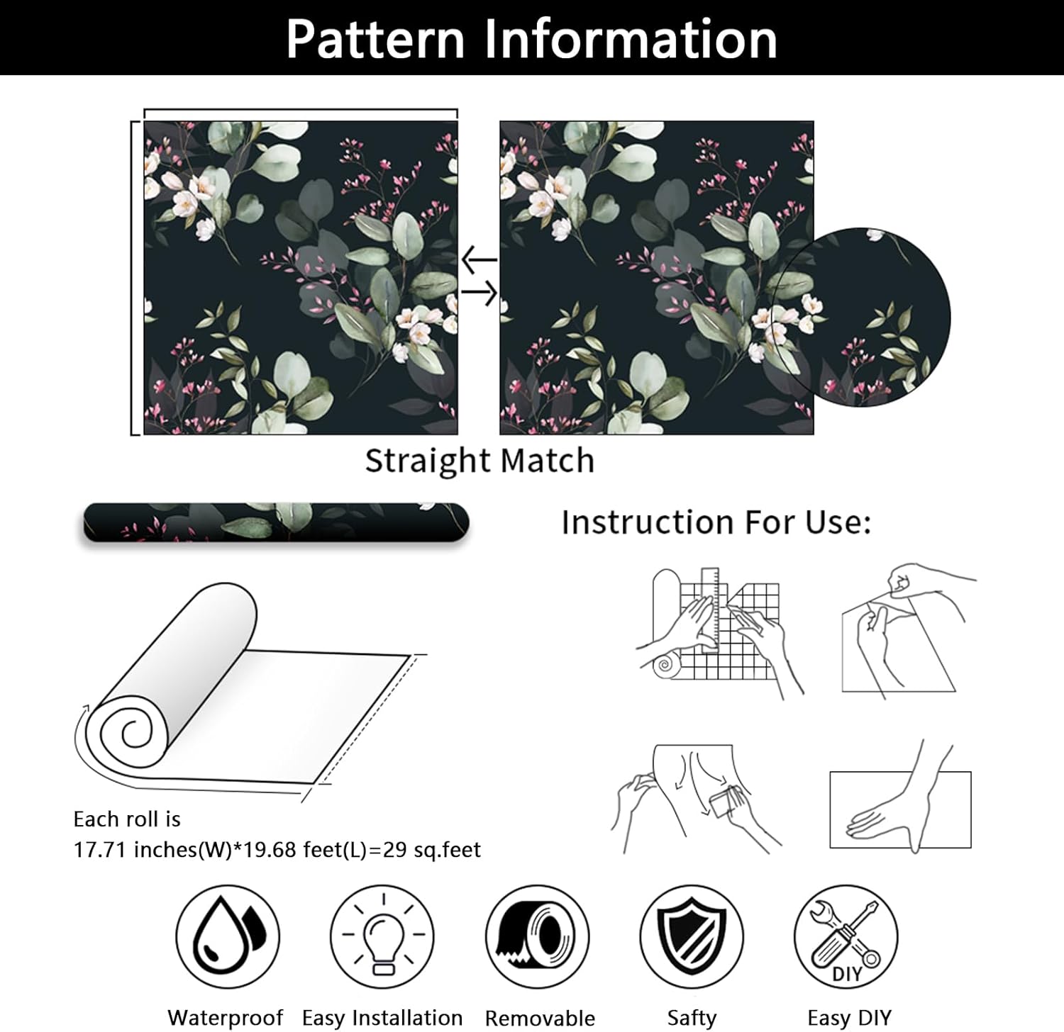 Bohemian Eucalyptus Peel and Stick Wallpaper - Removable Floral Contact Paper for Bedroom and Living Room - Waterproof DIY Decorative Vinyl Adhesive Wallpaper - 17.71" X 236.2