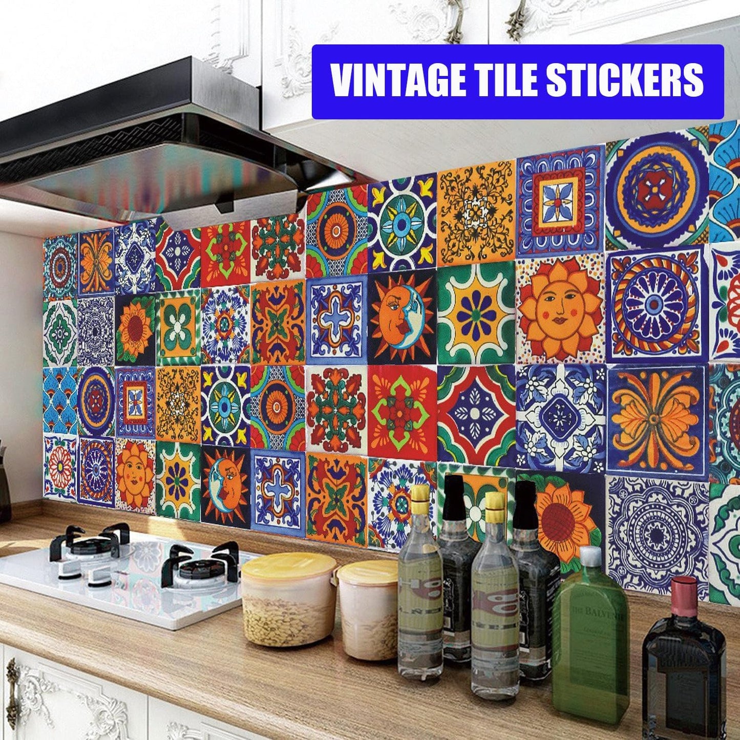 Bohemian Style 24Pcs Tile Stickers 7.87x7.87 Inch Peel and Stick DIY Wall Decals for Kitchen Bathroom Backsplash - Tile Wallpaper for Furniture Staircase