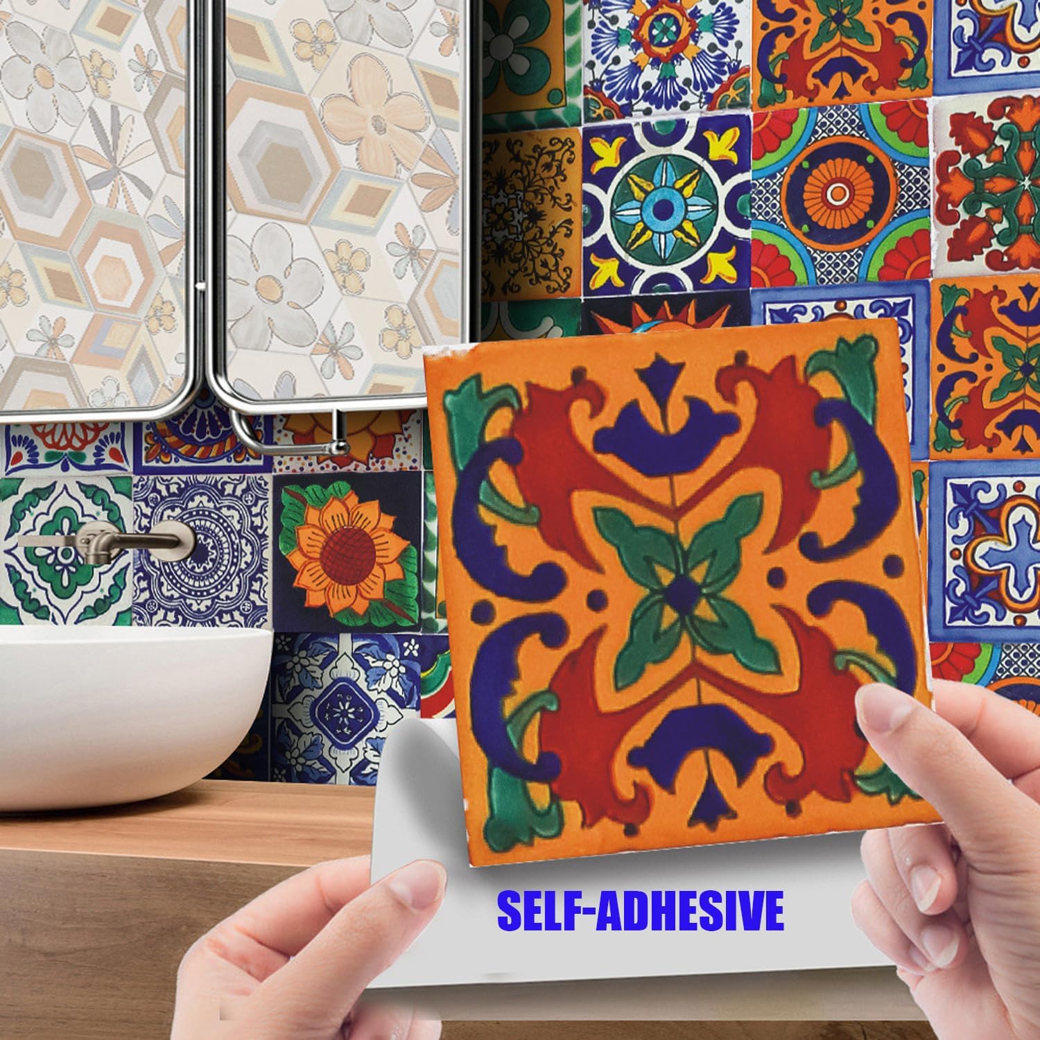 Bohemian Style 24Pcs Tile Stickers 7.87x7.87 Inch Peel and Stick DIY Wall Decals for Kitchen Bathroom Backsplash - Tile Wallpaper for Furniture Staircase