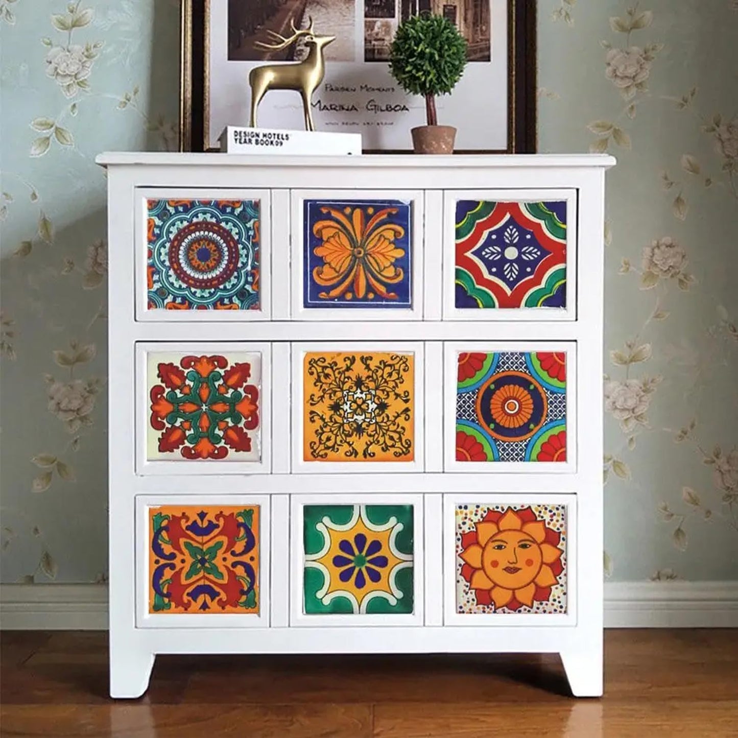 Bohemian Style 24Pcs Tile Stickers 7.87x7.87 Inch Peel and Stick DIY Wall Decals for Kitchen Bathroom Backsplash - Tile Wallpaper for Furniture Staircase