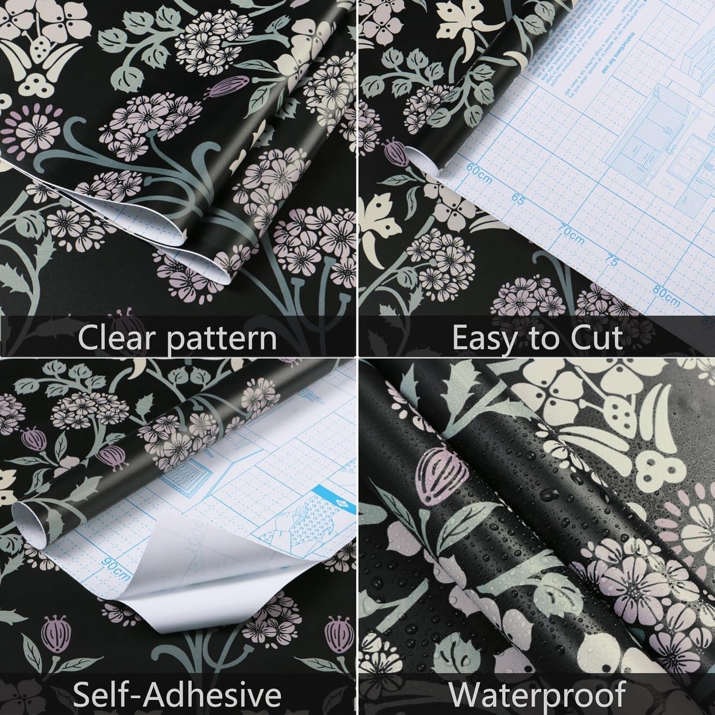 Boho Black and Pink Floral Peel and Stick Wallpaper - Self Adhesive Removable Vinyl Rolls - 16.1''X78.7