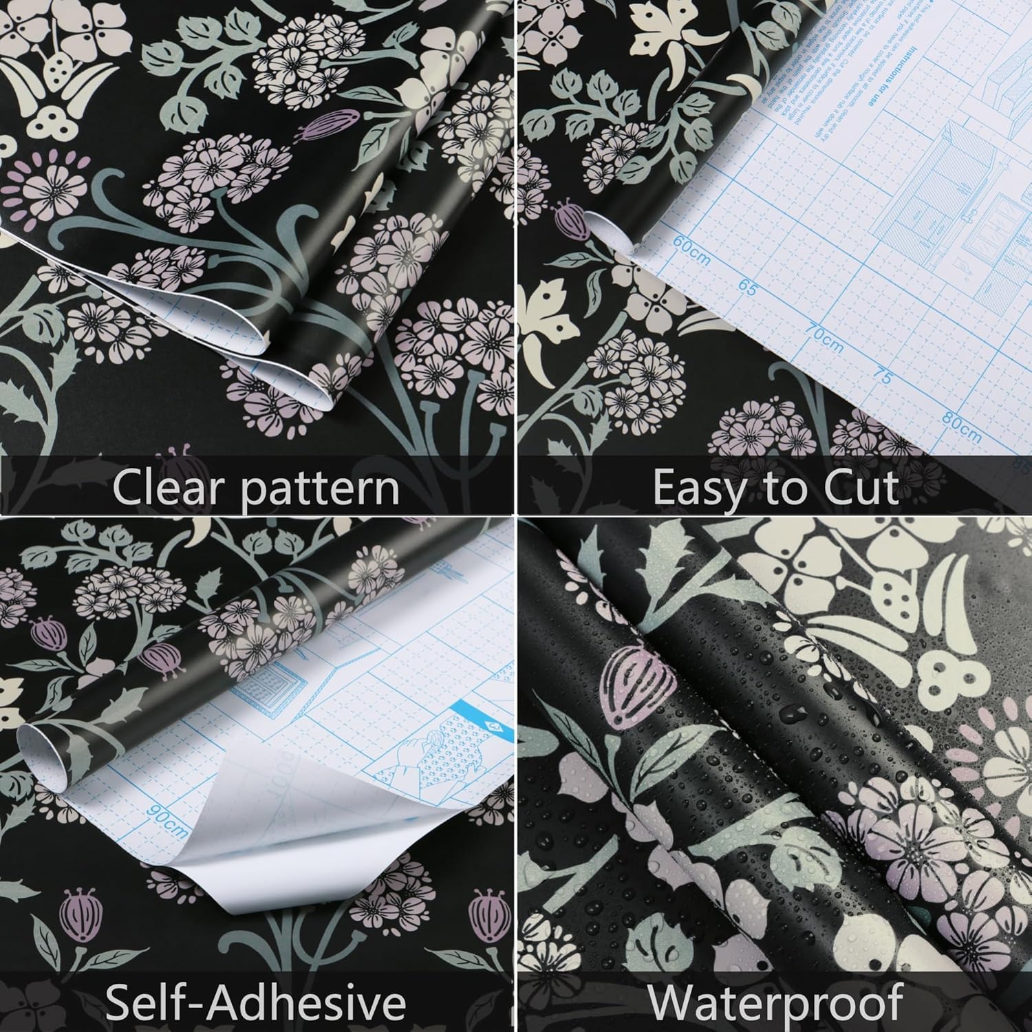 Boho Black and Pink Floral Peel and Stick Wallpaper - Self Adhesive Removable Vinyl Rolls - 16.1''X78.7