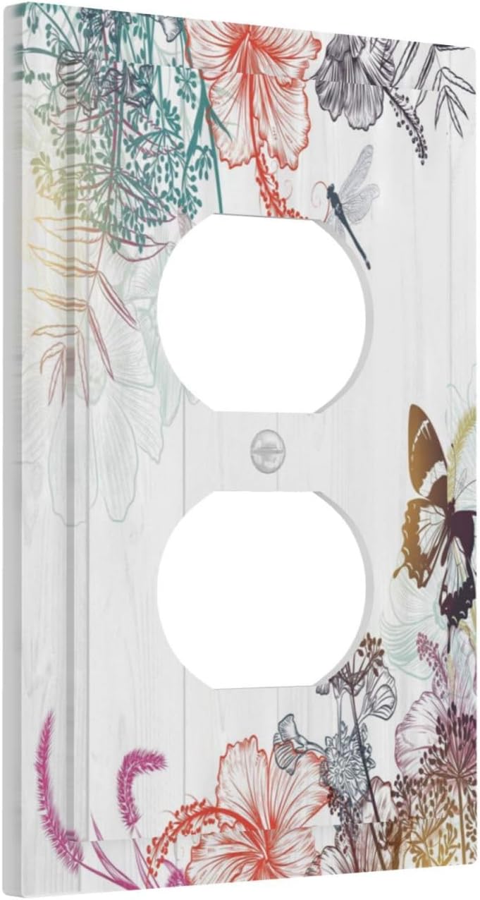 Boho Flower Butterfly Dragonfly Rustic Wood Plank Wall Plate Cover for Light Switch & Outlet - Single Gang Decorative Switchplate Cover for Bathroom Decor