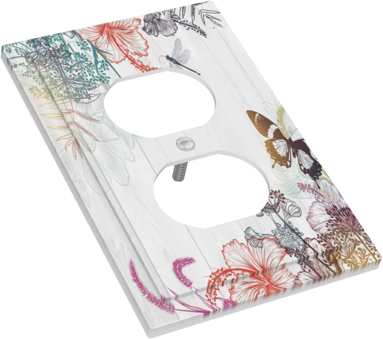 Boho Flower Butterfly Dragonfly Rustic Wood Plank Wall Plate Cover for Light Switch & Outlet - Single Gang Decorative Switchplate Cover for Bathroom Decor