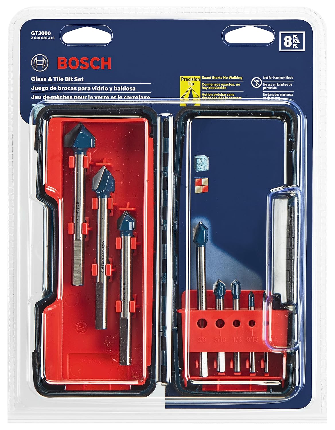 BOSCH GT3000 8-Piece Carbide Hammer Drill Bits Set for Fast Glass and Tile Drilling with Storage Case