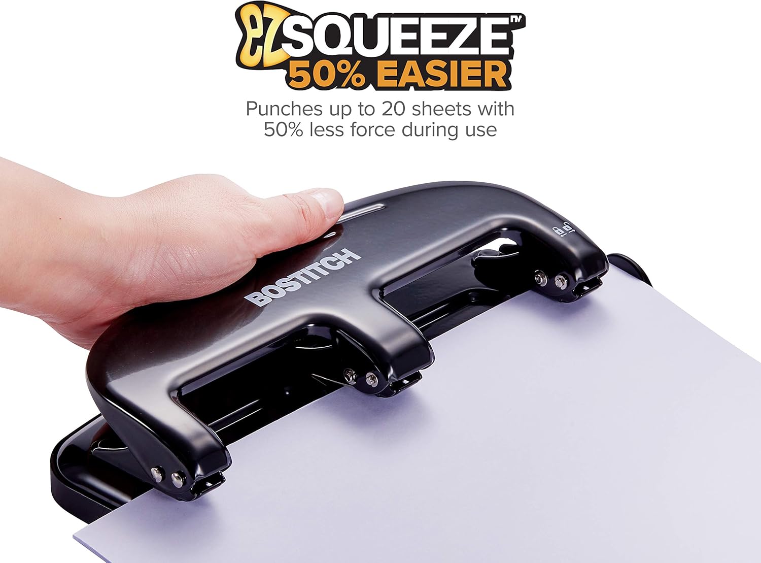 Bostitch Office EZ Squeeze 3-Hole Punch, 20 Sheet Capacity, Silver/Black