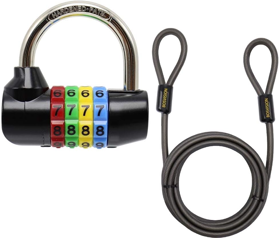 Bosvision 4-Digit Combination Padlock with 7ft. Security Steel Cable and 5/16" Shackle