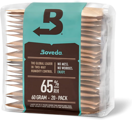 Boveda 65% Humidity Control Packs for Aging & Storage - Size 60, 20 Pack - Moisture Absorbers for Plastic & Wood Boxes - Resealable Bag