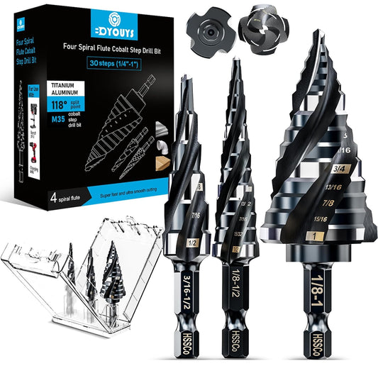 BOYOUYS M35 Step Drill Bit Set 1/4"-1" with 1/4" Shank - 3 pcs, 30 Sizes - Impact Resistant Cobalt - for Metal, Stainless Steel, Wood, Aluminum, Plastic
