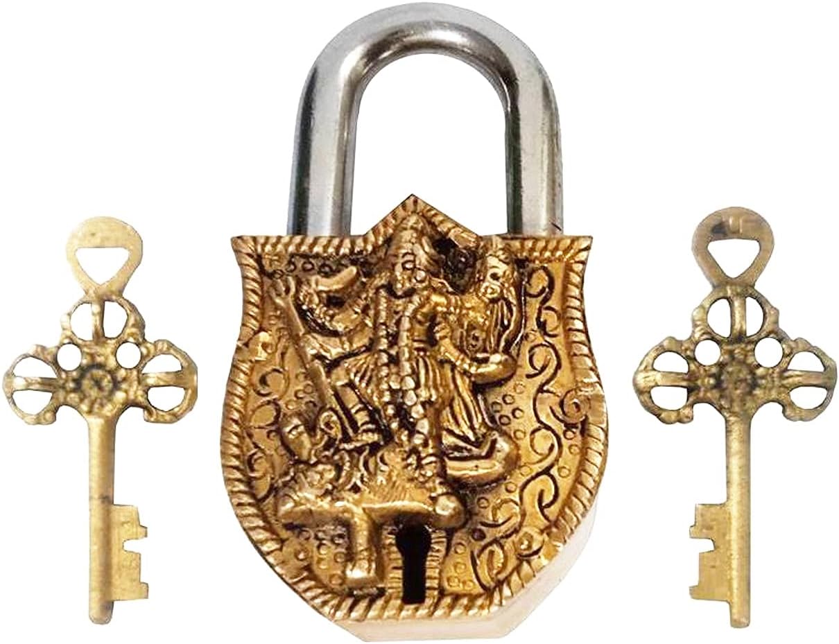 Brass Padlock: Goddess Mahakali Kali Design - Purpledip (12395)