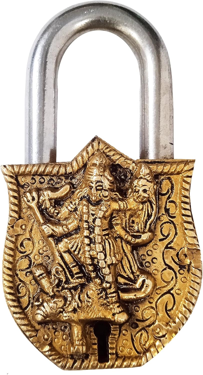 Brass Padlock: Goddess Mahakali Kali Design - Purpledip (12395)