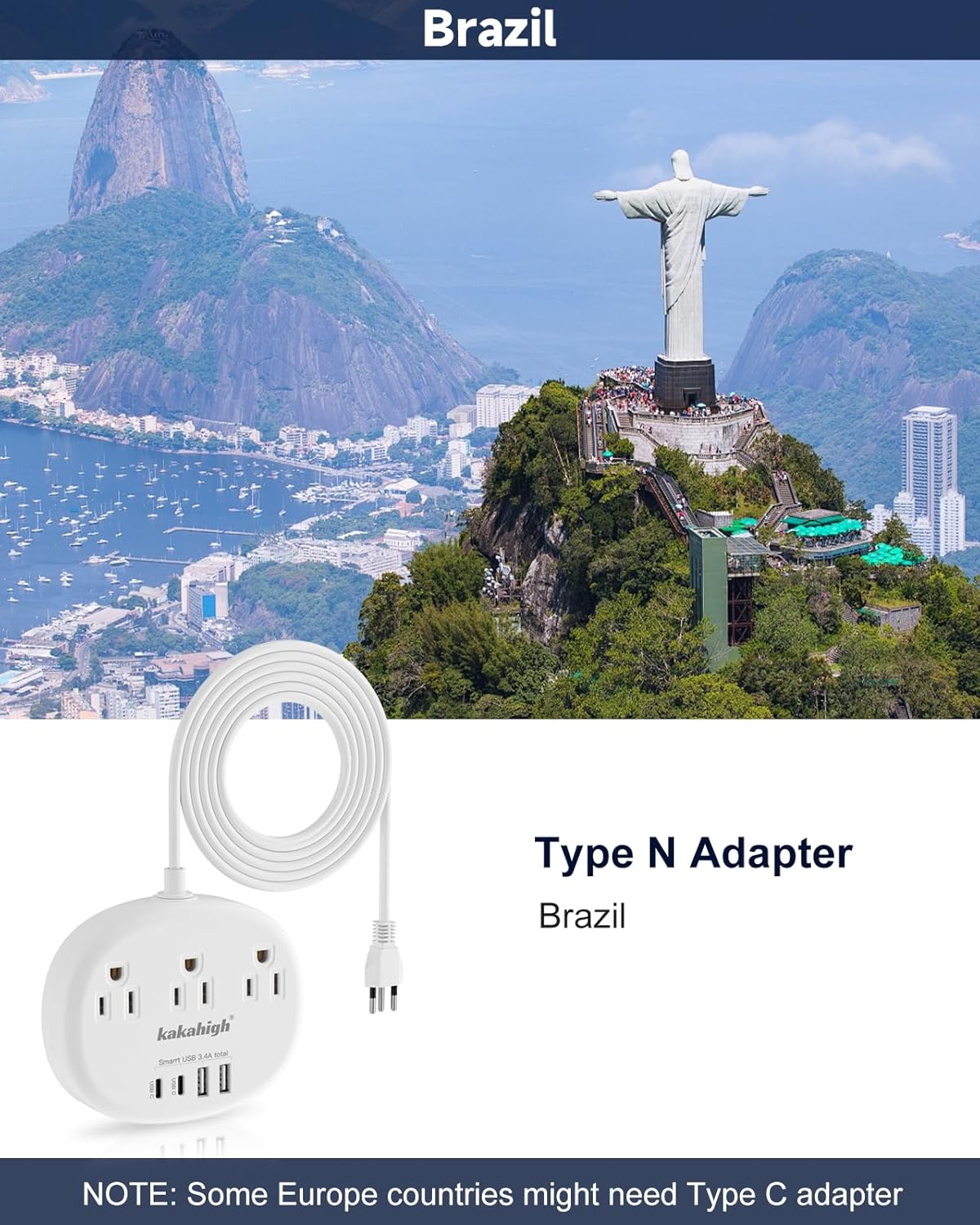Brazil Power Adapter with 3 American Outlets, 4 USB Ports, Type N Plug Converter for USA to Brazil