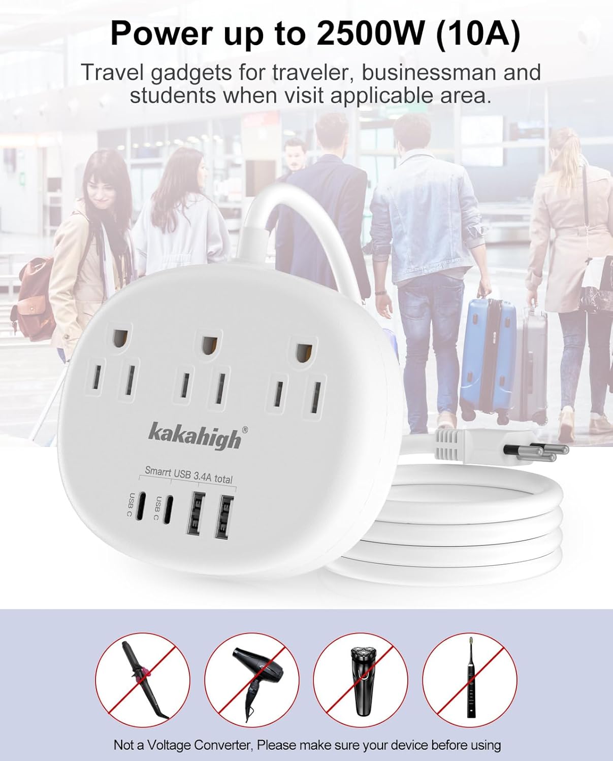 Brazil Power Adapter with 3 American Outlets, 4 USB Ports, Type N Plug Converter for USA to Brazil
