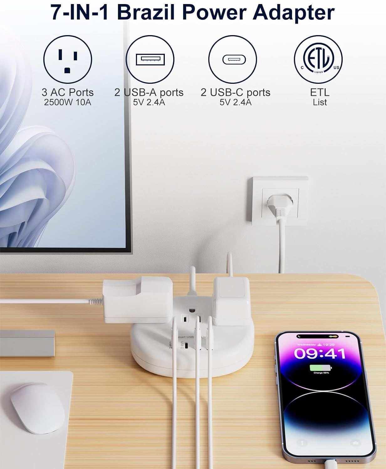 Brazil Power Adapter with 3 American Outlets, 4 USB Ports, Type N Plug Converter for USA to Brazil