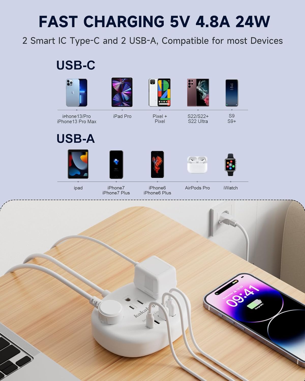 Brazil Power Adapter with 3 American Outlets, 4 USB Ports, Type N Plug Converter for USA to Brazil