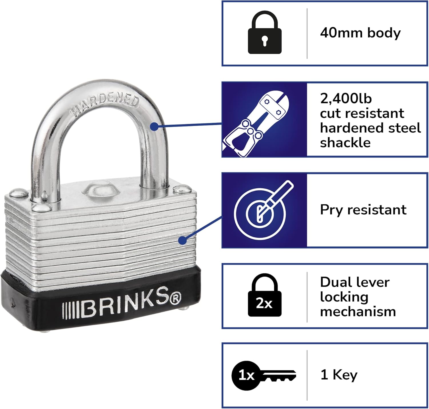 Brinks 40mm Keyed and Warded Padlock - Laminated Steel, Chrome Plated - Hardened Steel Shackle - WildKart
