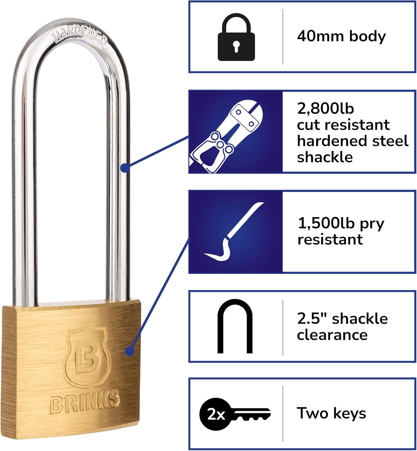 Brinks 40mm Solid Brass Keyed Padlock 2-Pack, Chrome Plated, Hardened Steel Shackle, 2.5" Clearance - WildKart