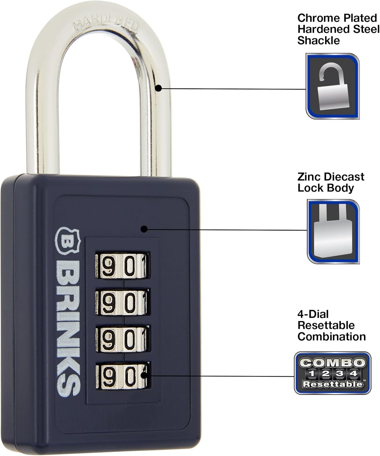 Brinks 40mm Sports Padlock with Resettable 4-Dial, Zinc Die-Cast Body and Chrome Plated Shackle - Navy Blue - WildKart
