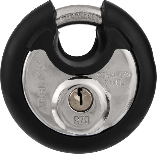 Brinks 70mm Stainless Steel Commercial Discus Padlock with Key - Heavy Duty Lock for Storage Shed, Garage, Locker, Sliding Doors, Cabinets - Round Design with Steel Shackle, Black Color - WildKart