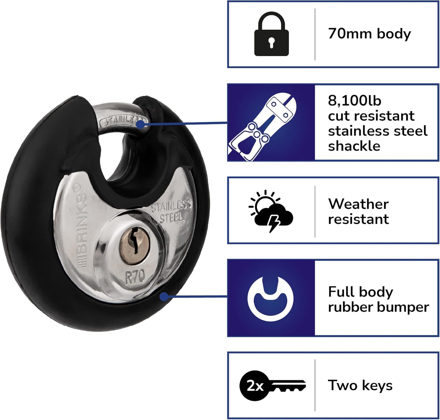 BRINKS 70mm Stainless Steel Heavy Duty Padlock & Key 2 Pack for Storage Shed, Garage, Locker, Sliding Doors, Cabinets - Keyed Alike Discus Lock with Steel Shackle, Black