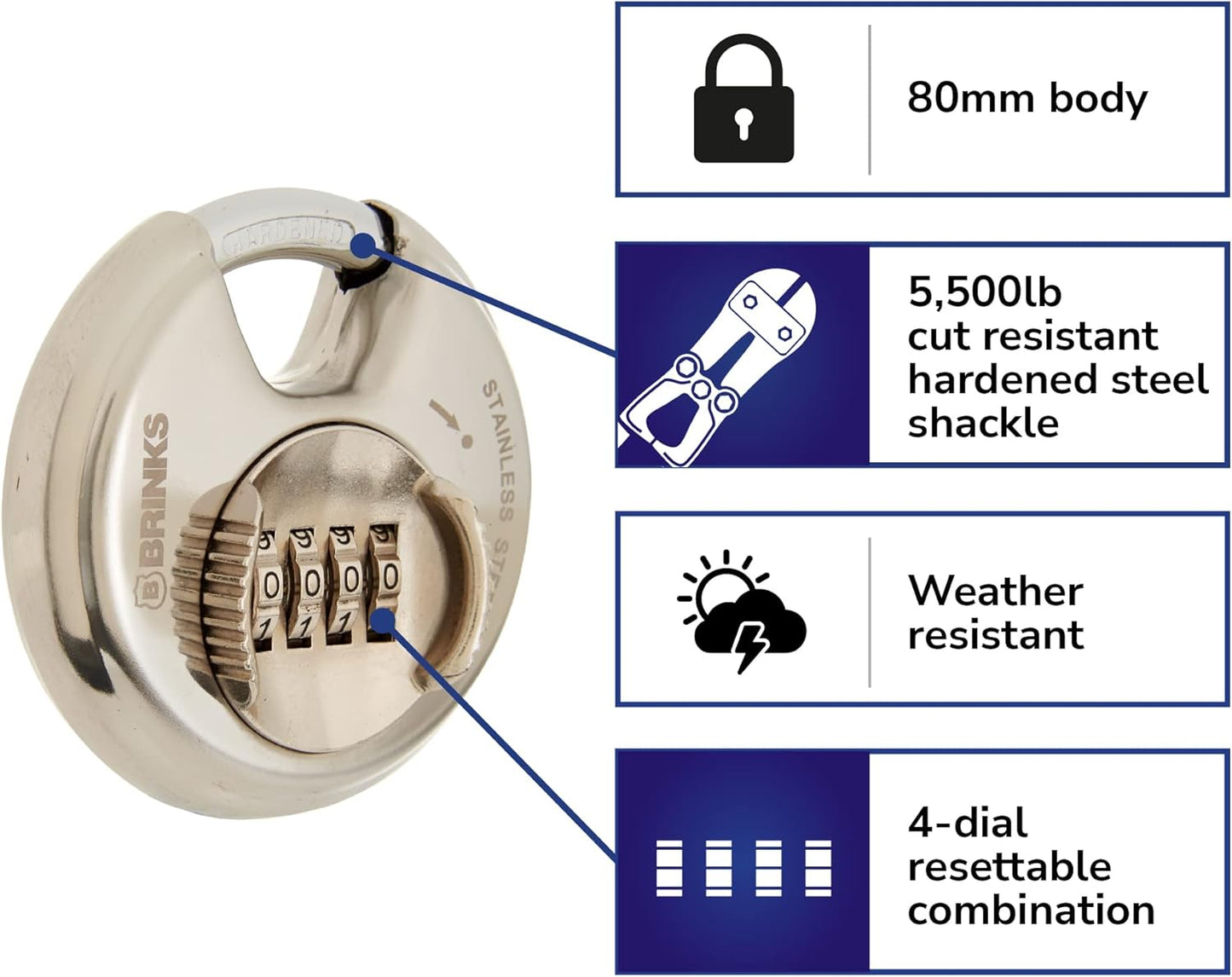 Brinks 80mm Chrome Plated Combination Padlock with Hardened Steel Shackle - Resettable Security Lock for Storage Lockers, Toolboxes, Sheds - WildKart