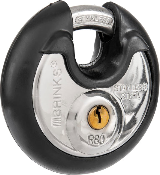 BRINKS 80mm Commercial Stainless Steel Discus Padlock - Keyed, Stainless Steel Body and Shackle, Black Finish - WildKart