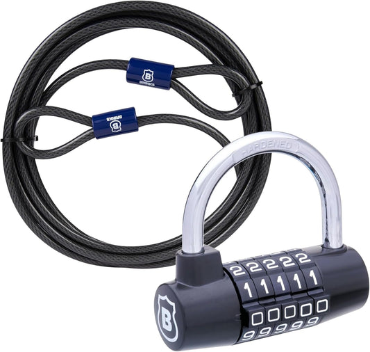 BRINKS Portable Security Bundle: U-Bar Padlock with Resettable Combination & 15 ft Flexible Steel Cable