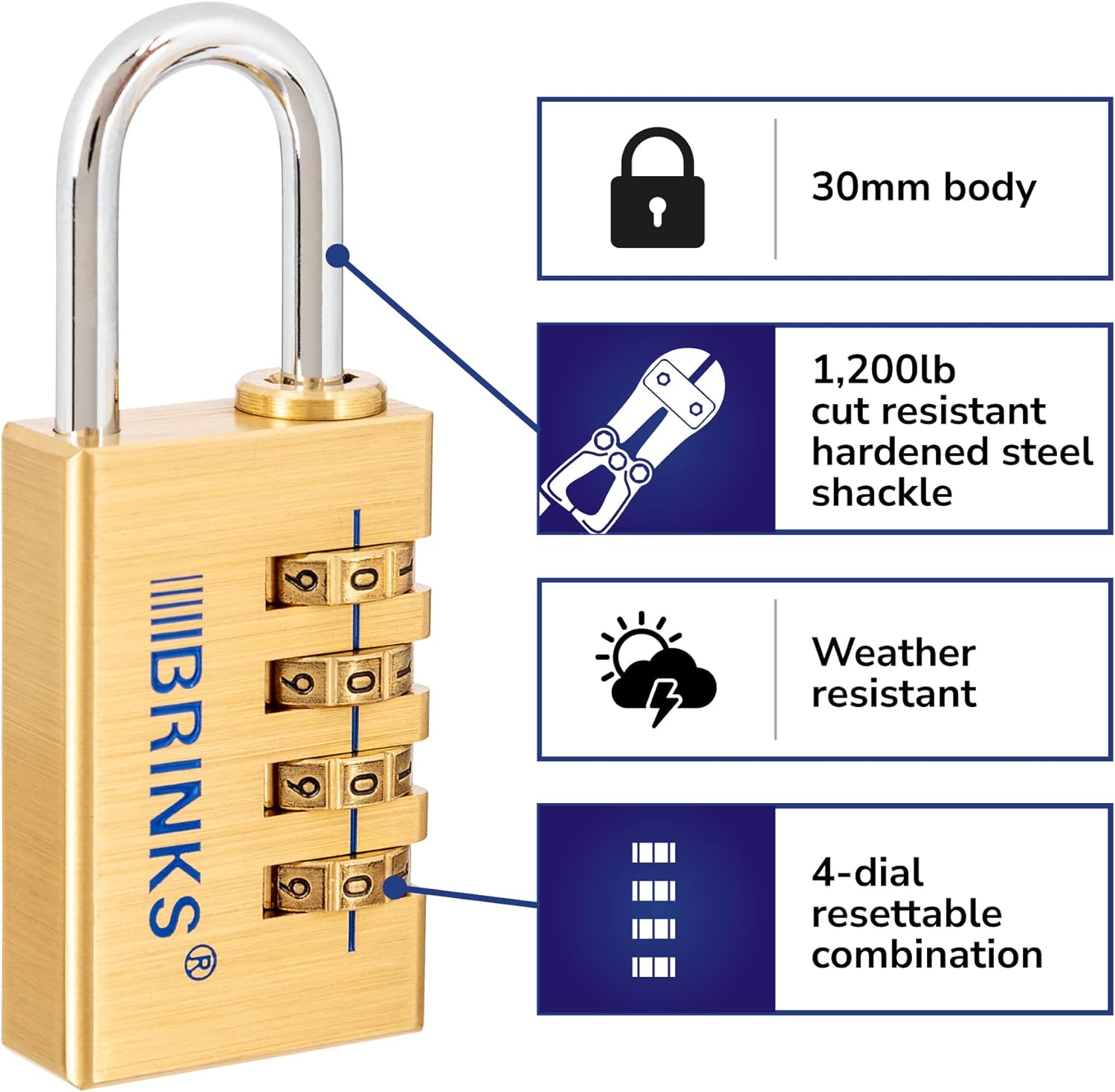 BRINKS Solid Brass Resettable Padlock - 30mm Chrome Plated, Hardened Steel Shackle - WildKart
