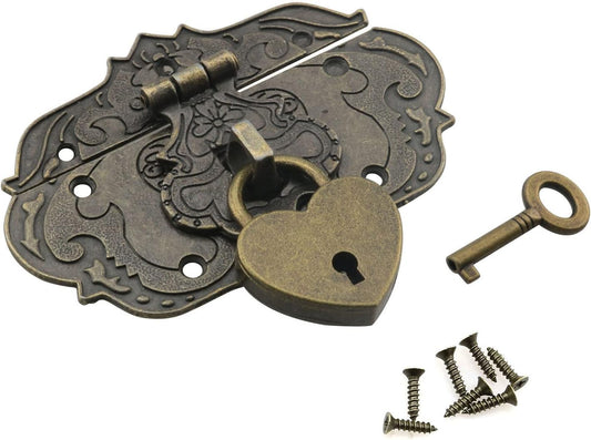 Bronze Heart-Shaped Padlock and Hasp Latch Set for Wooden Jewelry Boxes - Includes Key and Mounting Screws