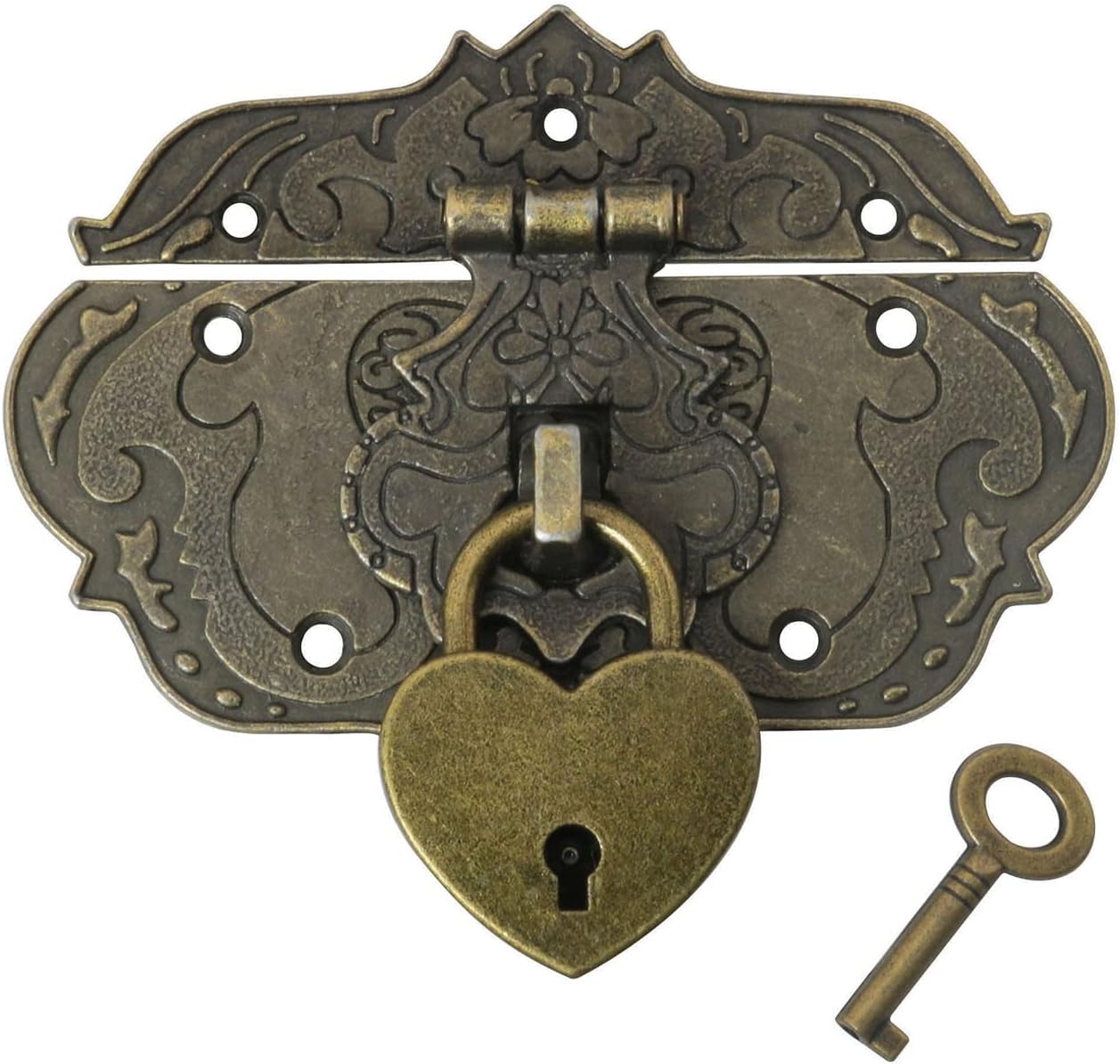 Bronze Heart-Shaped Padlock and Hasp Latch Set for Wooden Jewelry Boxes - Includes Key and Mounting Screws