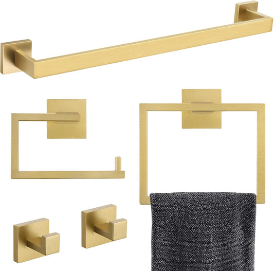 Brushed Gold 5 Piece Bathroom Hardware Set - SUS304 Stainless Steel Wall Mounted Towel Holder Kit - 23.6 Inch Towel Bar Set with Accessories