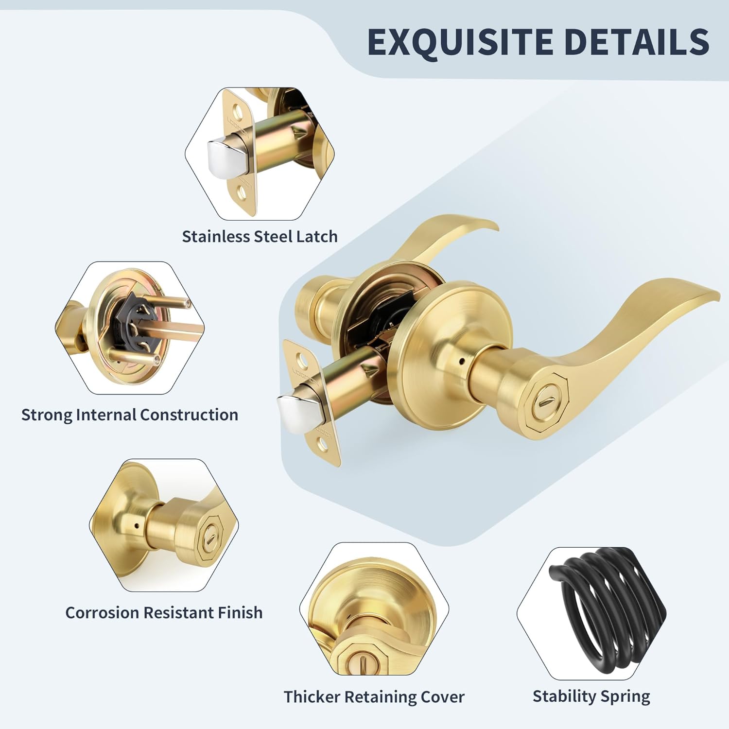 Brushed Gold Privacy Door Handle with Wave Style Lever for Bedroom, Bathroom, Living Room - Keyless Reversible Interior Lever for Left/Right Handed - Satin Brass Finish - 1 Pack