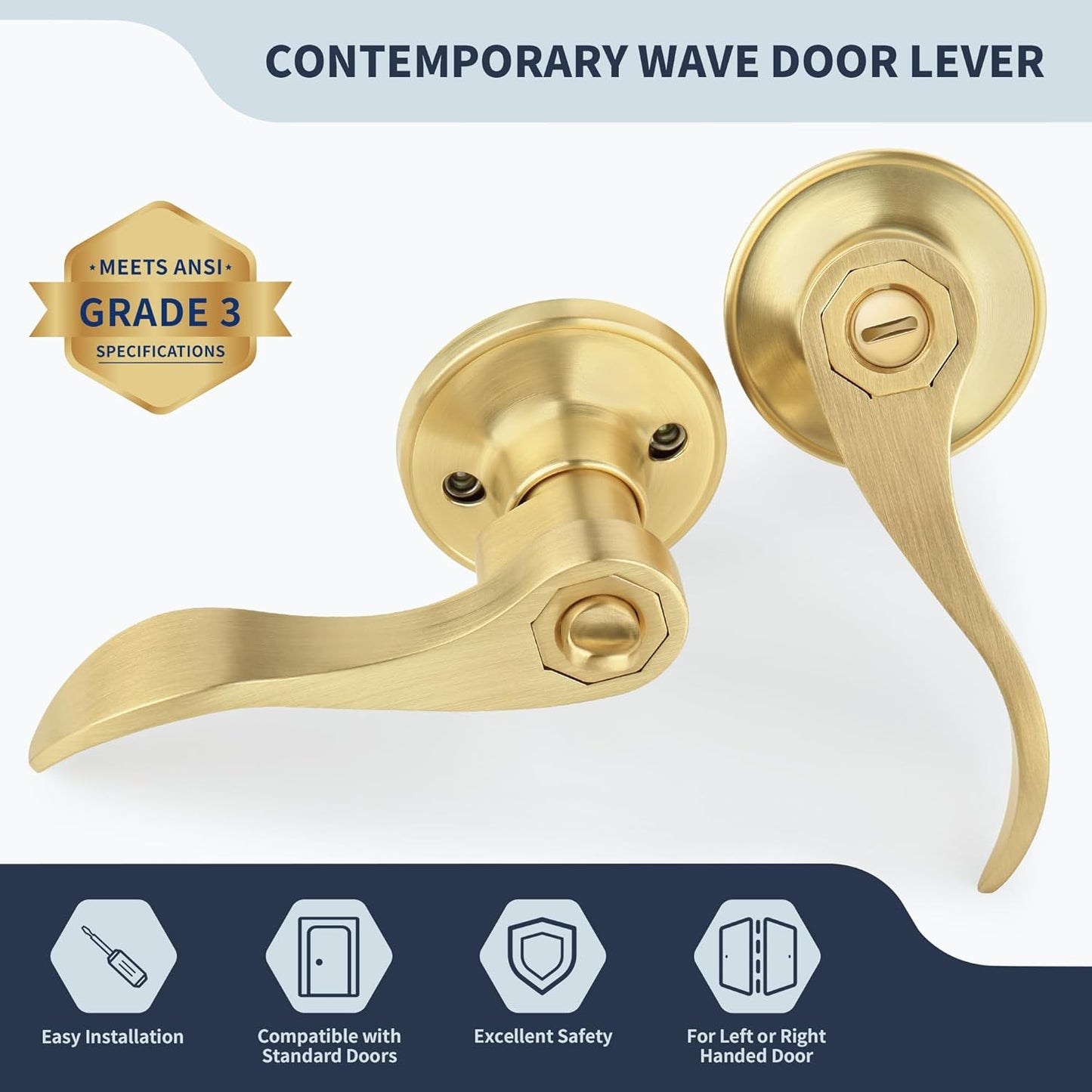 Brushed Gold Privacy Door Handle with Wave Style Lever for Bedroom, Bathroom, Living Room - Keyless Reversible Interior Lever for Left/Right Handed - Satin Brass Finish - 1 Pack